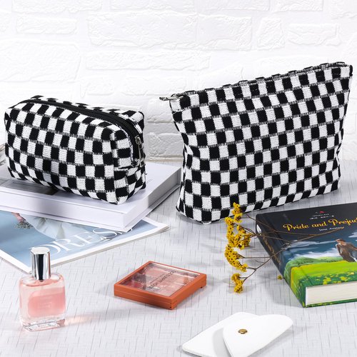 ZLFSRQ 2Pcs Checkered Makeup Bag for Women Large Cosmetic Bag Set Travel Toiletry Bag Makeup Pouch Bag for Purse Black Zipper Storage Bag Organizer Cute Small Aesthetic Girls Car Essentials Bag