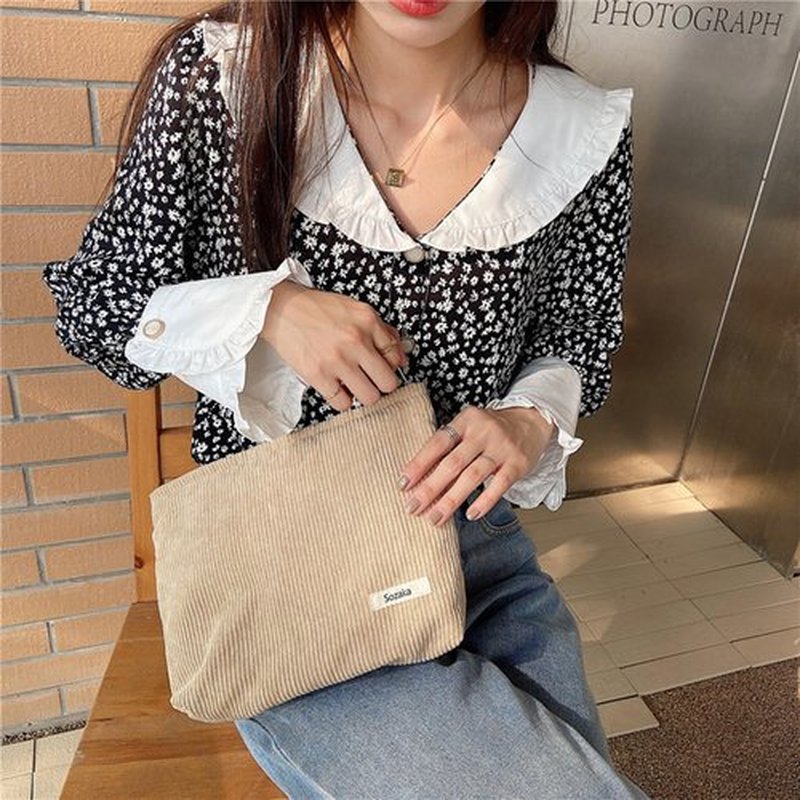 Cosmetic Bags for Women - Corduroy Cosmetic Bag Aesthetic Women Handbags Purses Smile Dots Makeup Organizer Storage Makeup Bag Girls Case Bags (Pure Khaki)