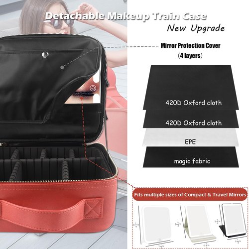 MOMIRA Travel Makeup Bag Cosmetic Bag Makeup Organizer Bag with Large Lighted Mirror 3 Color Scenarios Adjustable Brightness,Red