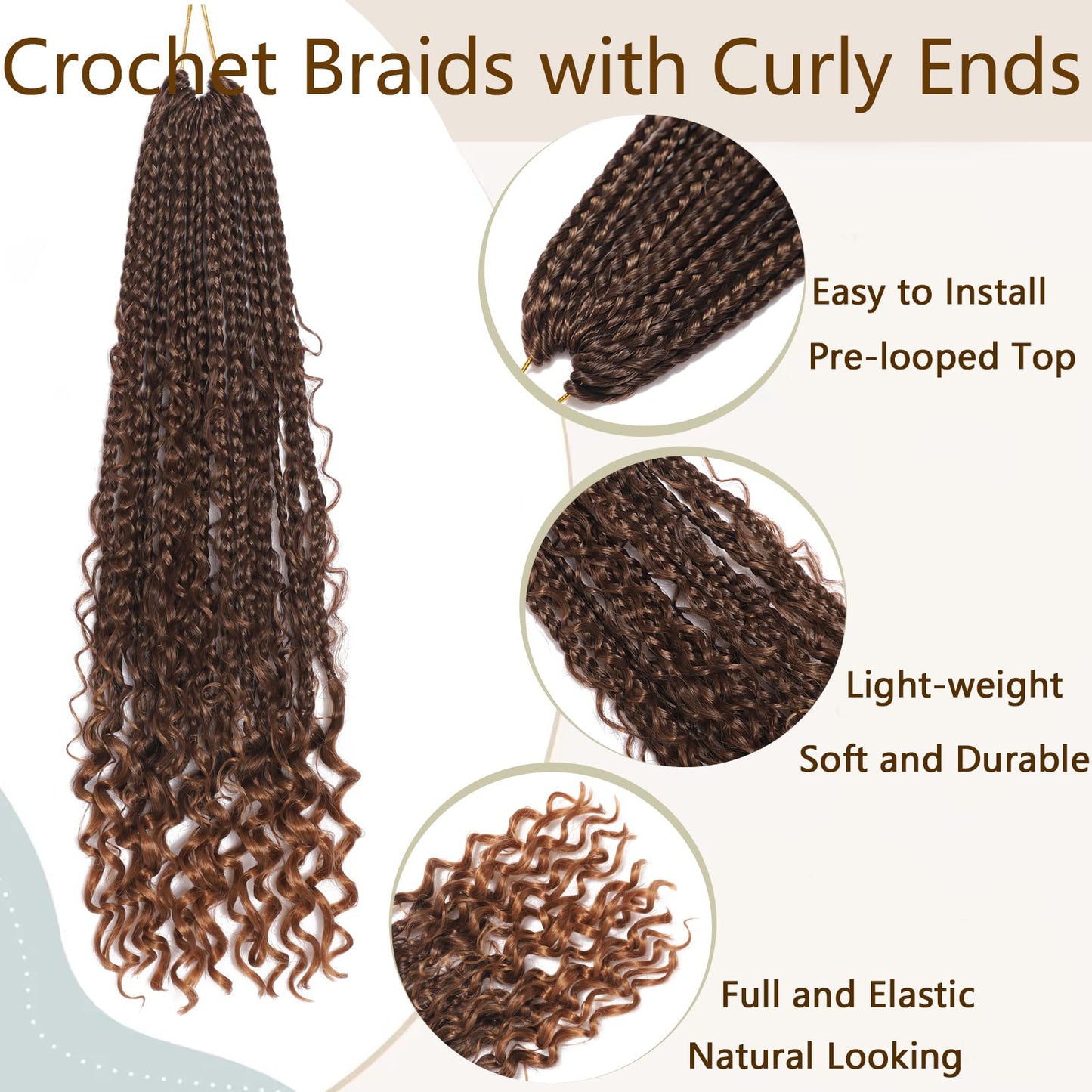 Goddess Box Braids Crochet Hair 7 Packs 18 Inch Boho Crochet Braids for Women Color T4/30 Pre-looped Bohemian Crochet Box Braids With Curly Ends Ombre Brown Boho Box Braids Braiding Hair Extensions