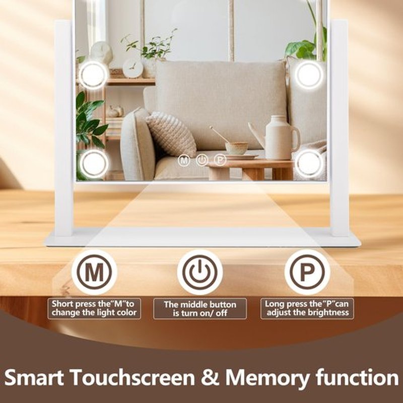 SLIMOON Lighted Makeup Mirror, 14"x 12" Hollywood Vanity Mirror with 9 LED Bulbs, 3 Color Lights, and Detachable 10X Magnification Mirror, 1200mAh Rechargeable, Touch Control, 360°Rotation (White)