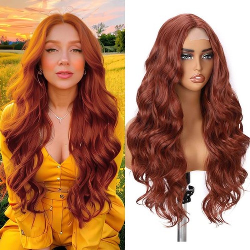 Fancy Hair Auburn Wavy Wigs 28 Inch Long Ginger Middle Part Curly Wavy Wig Small Lace Front Copper Red Synthetic Long Wig for Women Girl Cosplay Daily Party Use