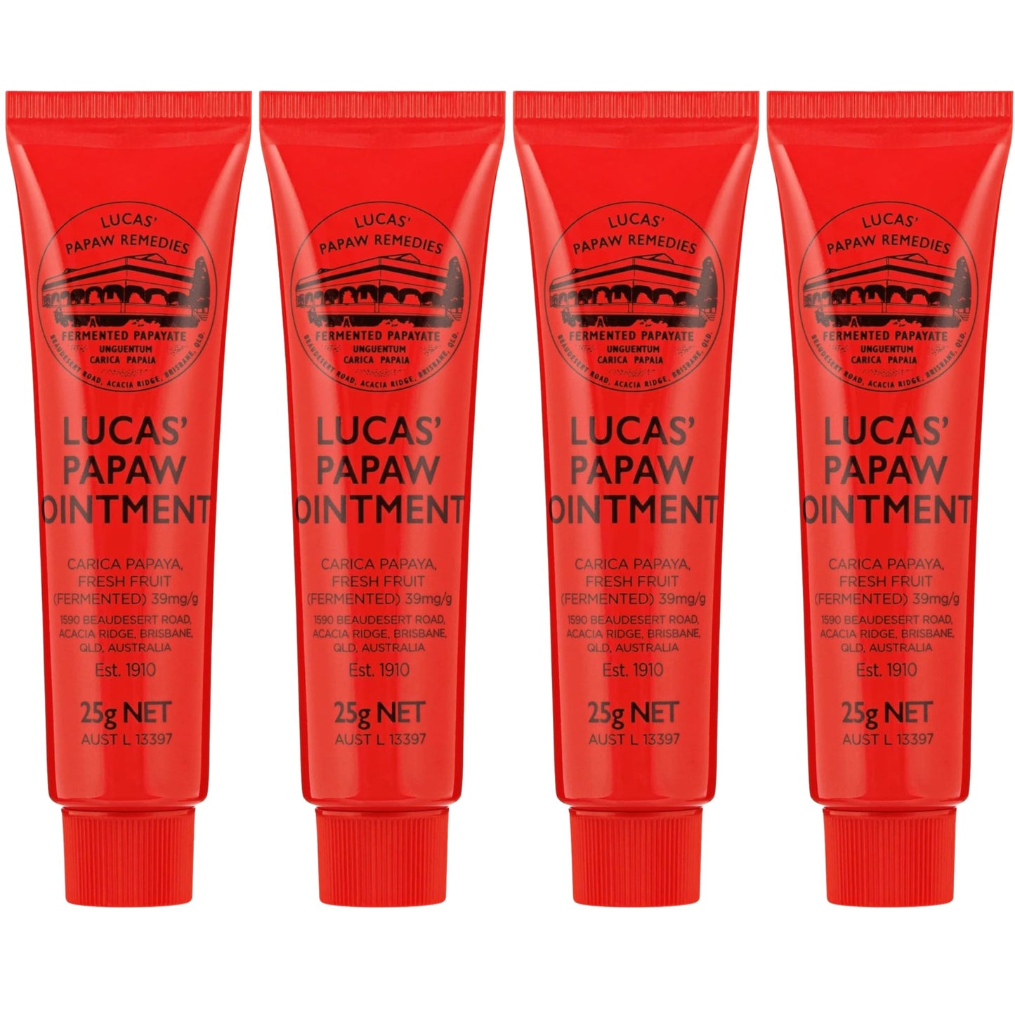 Lucas Papaw Ointment 25g Tubes — 4 Pack — Fermented Papaya Lip and Skin Balm for Dry Lips, Cracked Skin and Everyday Care, Made in Australia