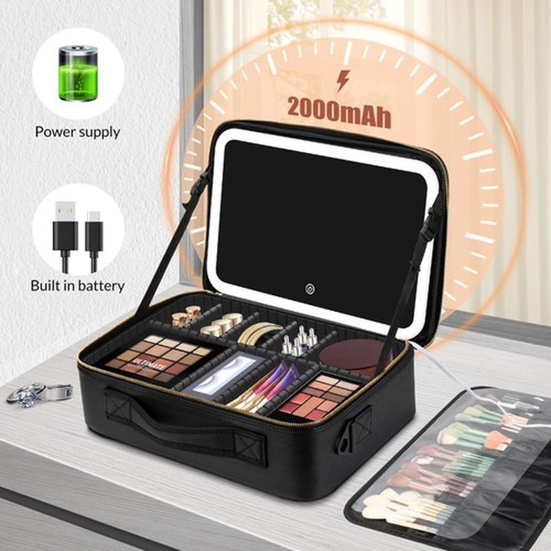 14.6”X 10.3”Large Makeup Case Black with Lighted Up Mirror, Professional Travel Vanity Cosmetic Train Bag with LED Light, 3 Colors Light and Adjustable Brightness Makeup Case for Women Girls (Black)