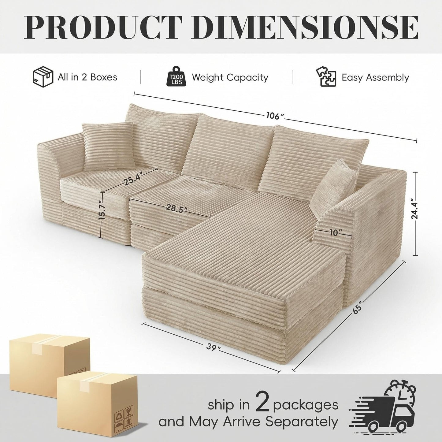 106” Modular Sectional Sofa,Modular Cloud Sofa L-Shaped Cloud Couch with High-Density Foam & Corduroy Fabric,Boneless Couch Deep Seat Couch for Living Room Apartments Bedroom No Assembly Required