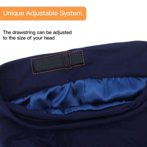 Silk Satin Lined Bonnet Sleep Cap - Adjustable Stay on All Night Hair Wrap Cover Slouchy Beanie for Curly Hair Protection for Women and Men - Solid Navy