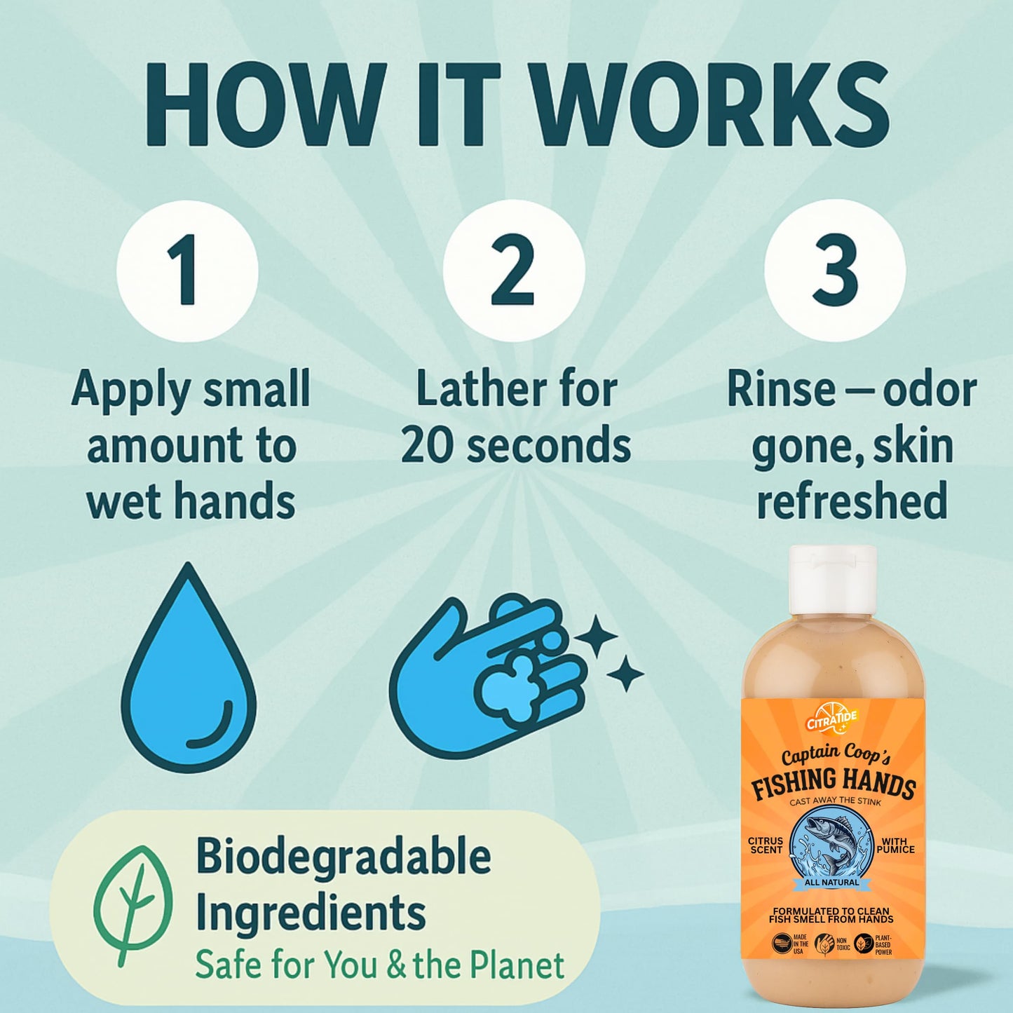 CITRATIDE Captain Coop’s Fishing Hands – Chemical-Free Citrus Hand Scrub & Odor Remover – Removes Fish Smell & Grease – Gentle on Skin – Great for Fishermen, Mechanics & Gardeners – Made in USA (8 oz)