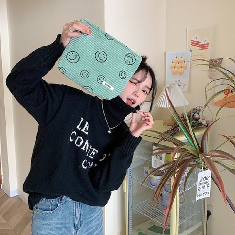 Cosmetic Bags for Women - Corduroy Cosmetic Bag Aesthetic Women Handbags Purses Smile Dots Makeup Organizer Storage Makeup Bag Girls Case Bags (Green)