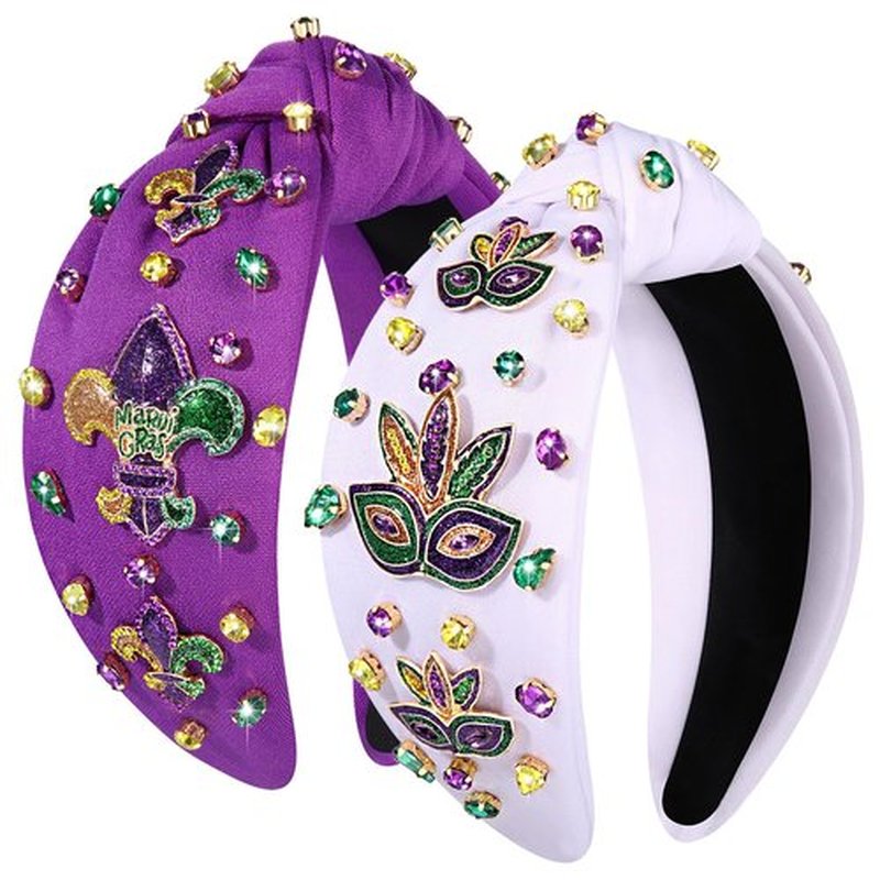 CEALXHENY 2PCS Mardi Gras Headband for Women, Purple Fleur De Lis Mask Headband, Carnival Mardi Gras Accessories Outfits Parade Party Favors Gifts