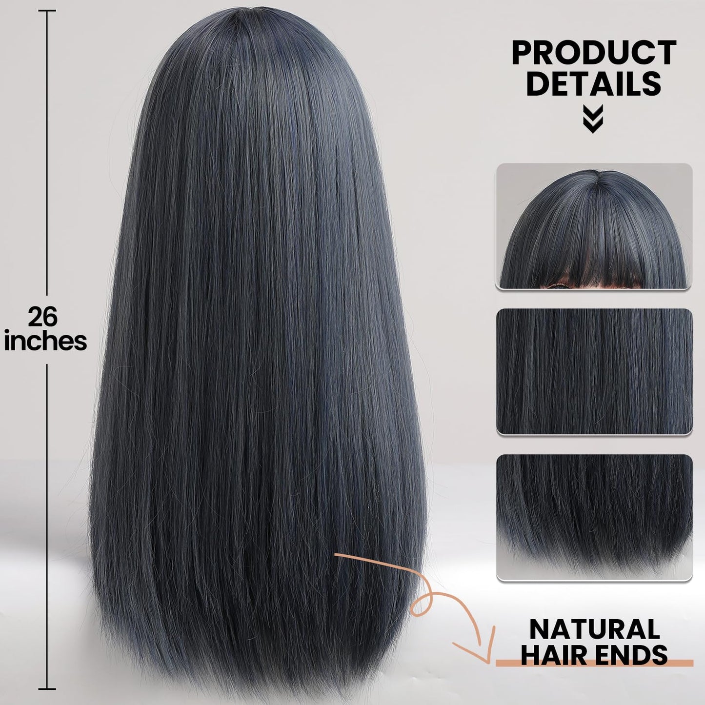 EMMOR Grey Blue Wig With Bangs For Women Long Straight Wigs Synthetic For Girls Halloween Party Cosplay And Daily Use(26" Mixed Blue)