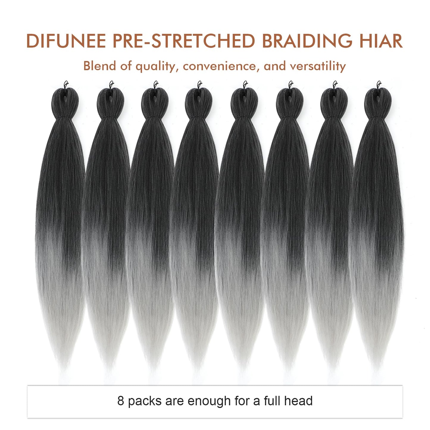 DIFUNEE Pre-stretched Braiding Hair - 16 Inch 8 Packs Ombre Gray Short Braiding Hair For Twist or Box Braids, Yaki Texture Hot Water Setting Synthetic Braiding Hair Extensions (16 Inch, T-Gray-8P)