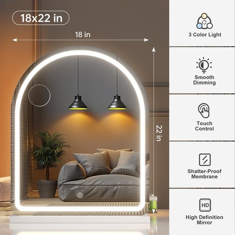 Hasipu Vanity Mirror with Lights and Bluetooth Speaker, 18"× 22" Arched LED Makeup Mirror, Lighted Desktop Makeup Mirror with Lights, Smart Touch Control Dimmable 3 Modes Light White