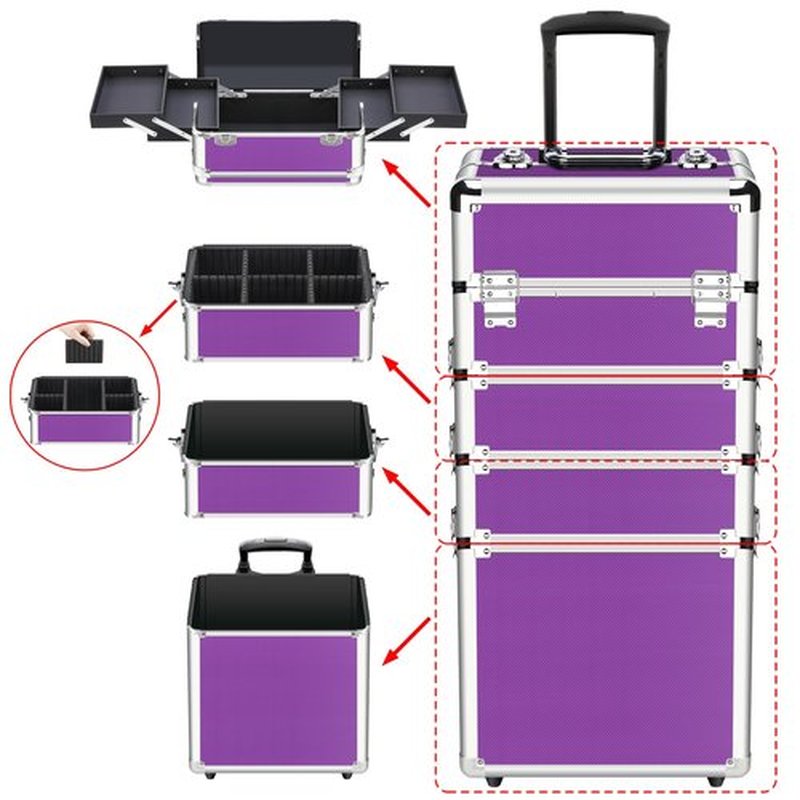 OUDMAY Makeup Case 4 in 1 Professional Cosmetics Rolling Train Organizer with Aluminum Frame and Folding Trays Purple