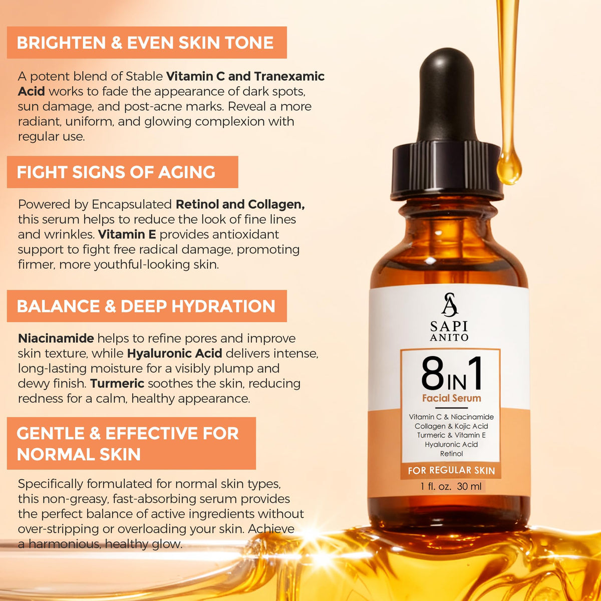 Sapi Anito 8-in-1 Facial Serum for Regular Skin, 1 fl oz (30 ml) – Vitamin C, Niacinamide, Hyaluronic Acid, Retinol, Kojic Acid, Turmeric, Vitamin E & Collagen
