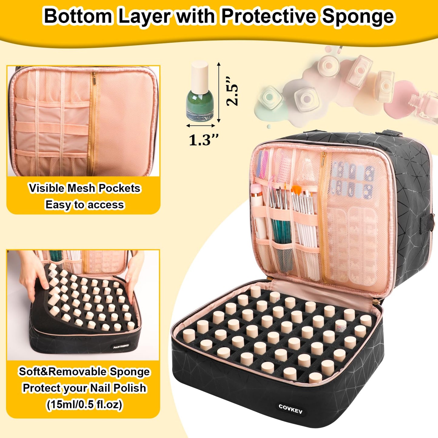 Covkev Nail Polish Organizer Hold 54 Bottles (15ml/0.5 fl.oz), PU Leather Nail Lamp Kit Supplies Organizer Bag Travel, Double Layer Nail Organizers and Storage Case with Holder& Shoulder Strap (Black)