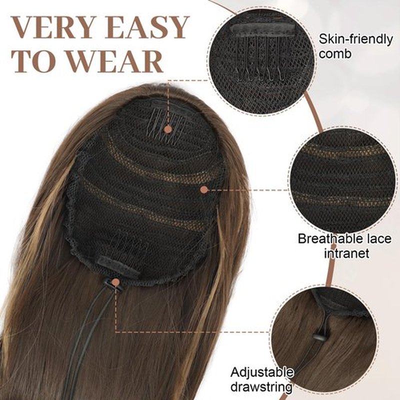 KooKaStyle Ponytail Extensions, 22 inch Balayage Chocolate Brown with Highlights Long Drawstring Wavy Clip in Ponytail Hair Extensions Layered Synthetic Hairpiece for Women