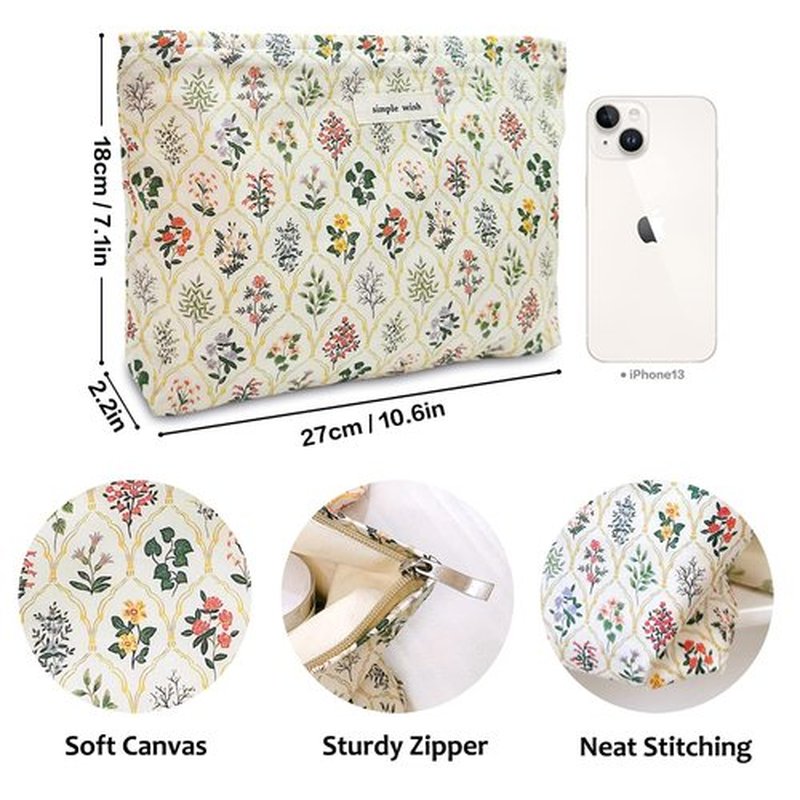 STARDW Aesthetic Makeup Bag Cosmetic Bags for Women and Girls, Large Capacity Canvas Travel Makeup Bag,Makeup Organizer Bag Zipper Pouch (Garden)