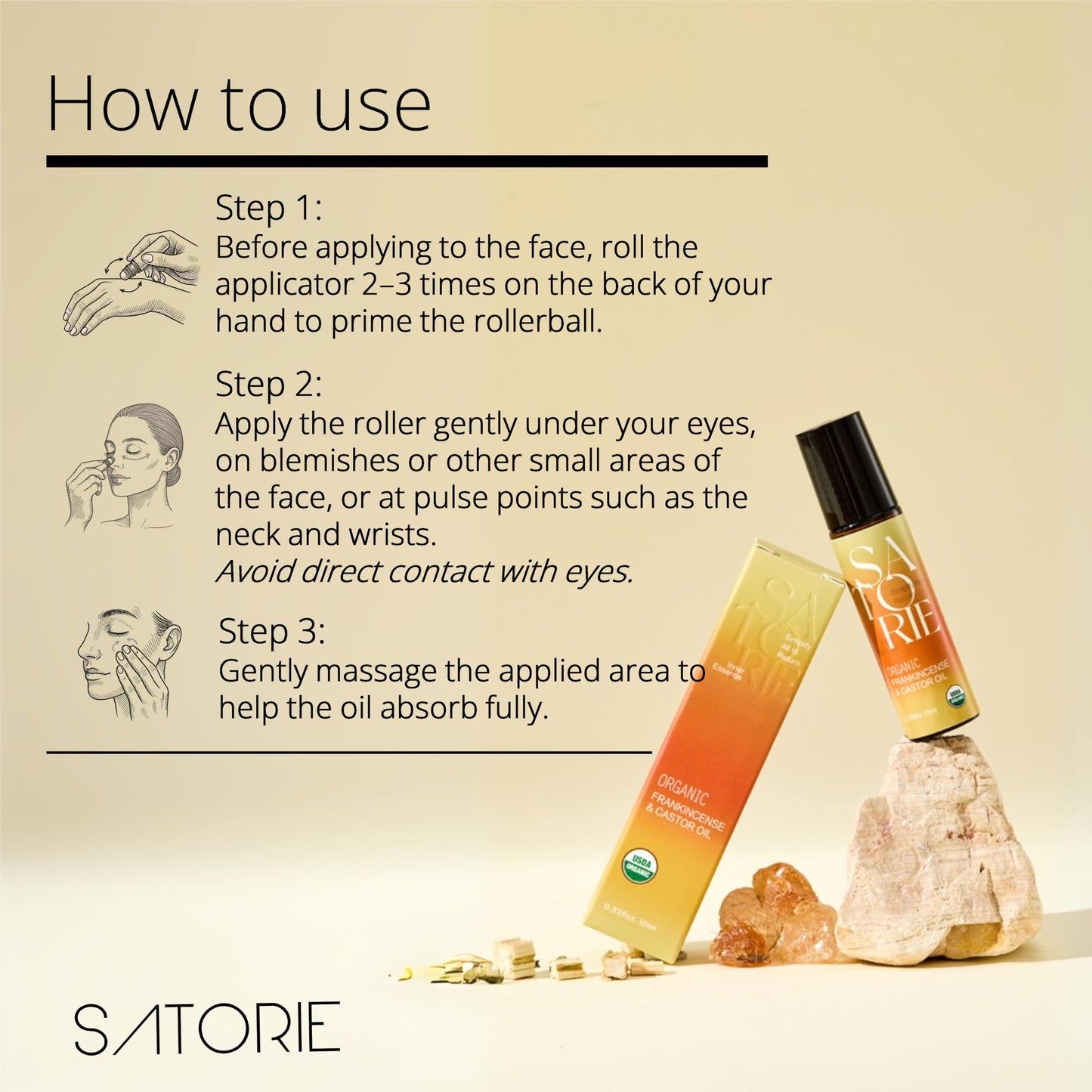 SATORIE 2-Pack Organic Castor & Frankincense Oil with Rose Quartz Rollerball - USDA Certified Essential Blend Oil Roll-On, for Face, Under Eyes, Anti-Aging, Dark Circles