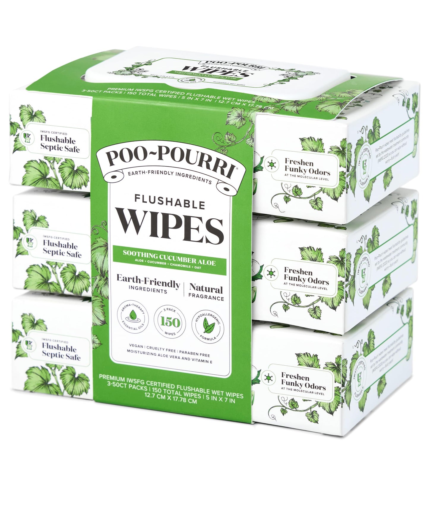 Poo~Pourri Flushable Wipes - Made with Plant Based Fibers, Aloe, & Vitamin E - Adult Wet Wipes - Cucumber & Aloe Essential Oils scent - Septic & Sewer Safe - 3-pack (150 total) with Dispenser Boxes