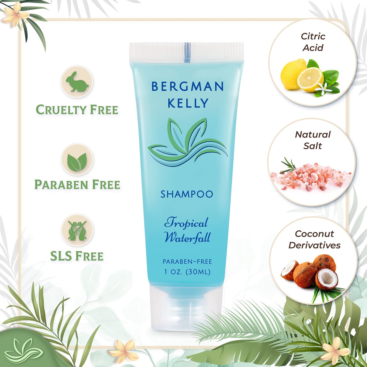 Bergman Kelly - Hotel Toiletries Bundle - Tropical Waterfall, 1 oz each, 200 Pieces - 4-Piece Set: 50 Rectangular Bar Soap, 50 Shampoo, 50 Conditioner & 50 Body Lotion - Bulk Mini Guest Amenities
