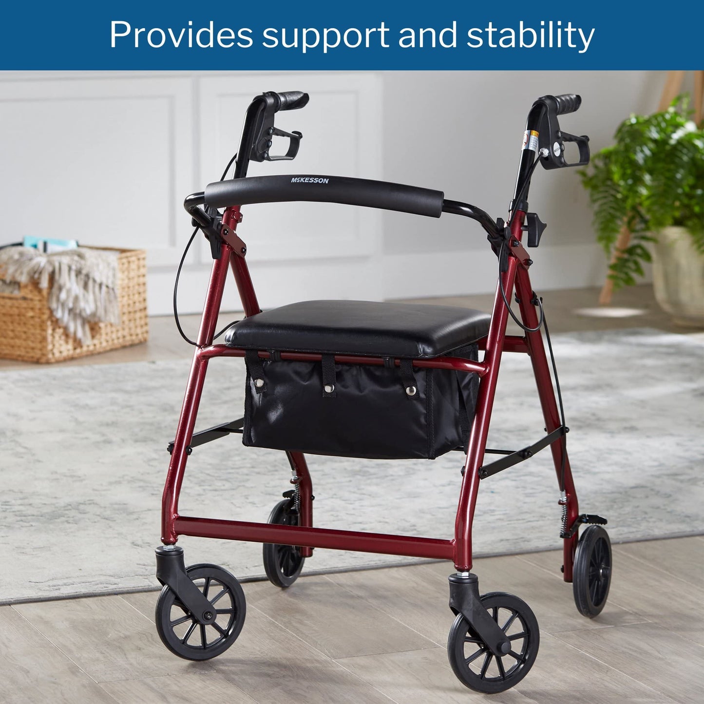 McKesson Rollator Walker with Seat and Wheels, Lightweight, Aluminum, 300 lbs Weight Capacity, Red, 1 Count