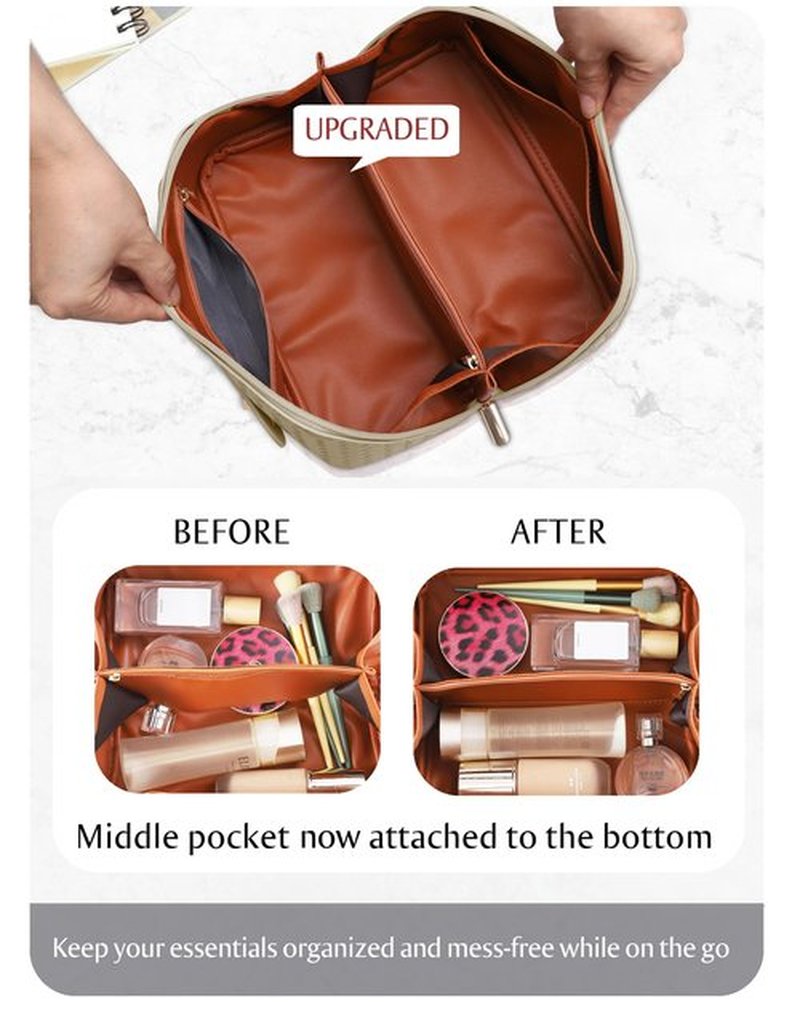 ALEXTINA Large Capacity Travel Cosmetic Bag - PU Leather Makeup Organizer Bag Portable Woven Makeup Bags for Women Waterproof Travel Toiletry Bag with Divider Pouch, Khaki
