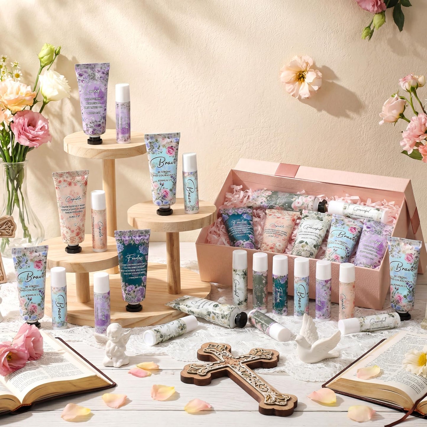 Loopeer 24 Sets Graduation Christian Hand Cream and Lip Balm Gift Set Christian Gift Bulk for Women Mothers Day Gifts for Church Travel Size Hand Lotion Bible Verse Lip Balm Bulk for Bridal Mom