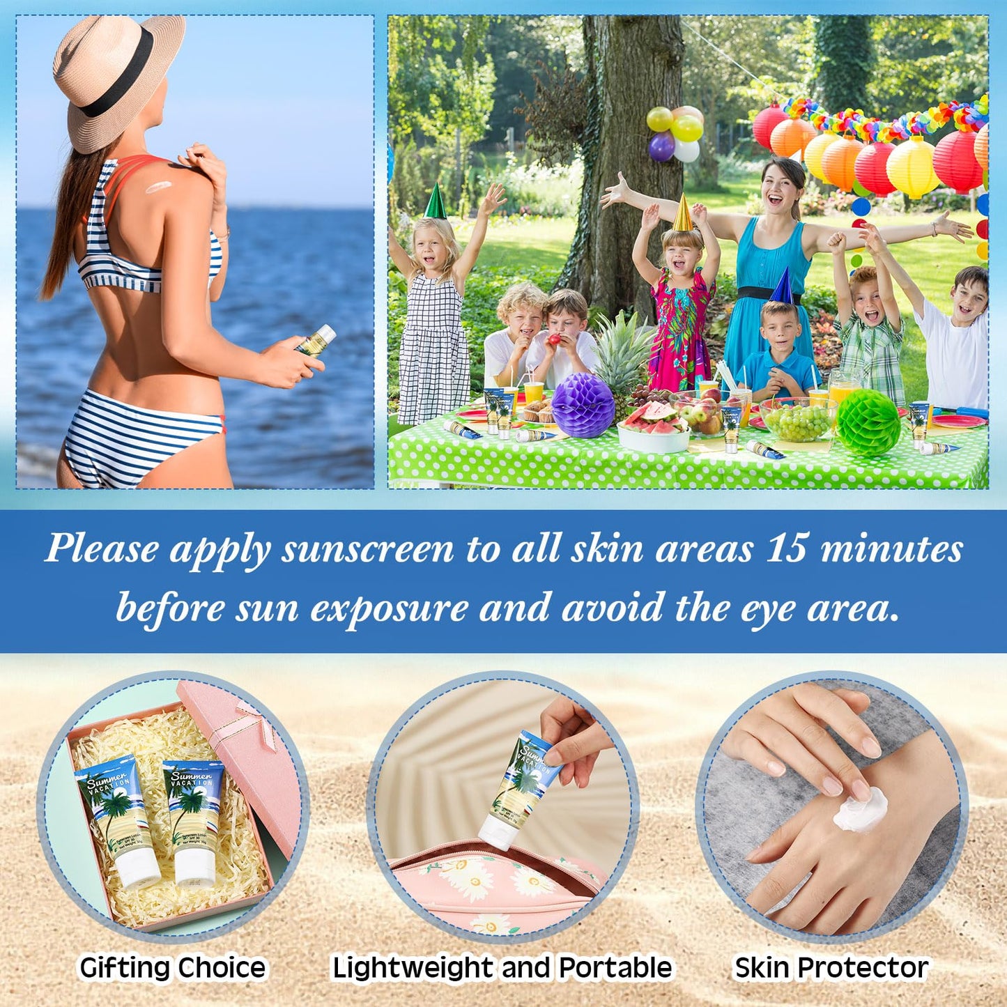 Dansib 12 Pcs Mini Sunscreen Bulk for Summer Party Wedding SPF 30 Water Resistant Sunscreen Lotion Bulk 1oz Travel Size for Thank You Gifts Wedding Supplies (Vacation Time)
