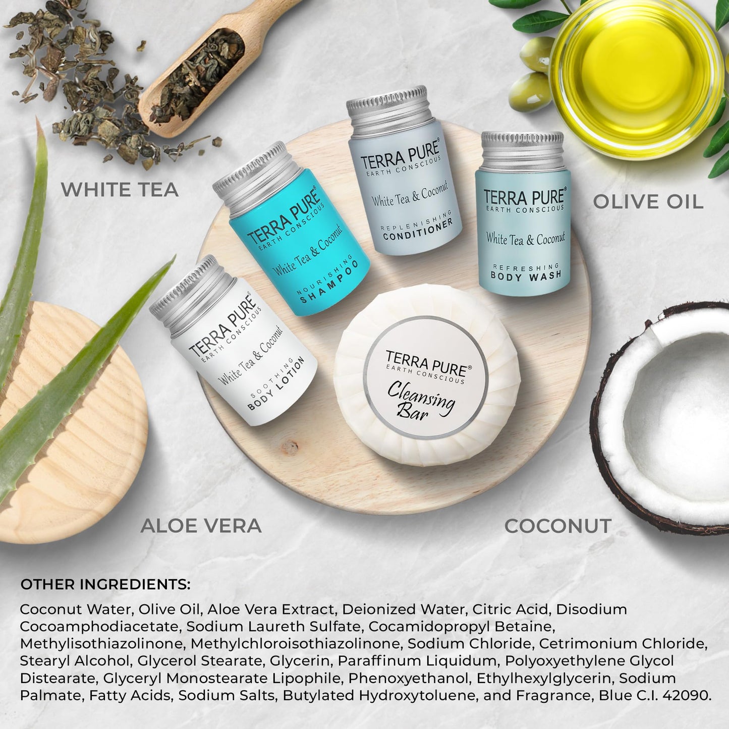 Terra Pure White Tea & Coconut Toiletries Set | 1-Shoppe Amenities Kit | 1oz Liquids, 1.25oz Bar Soap | Hotels, Airbnb & Rentals | 75 Pieces