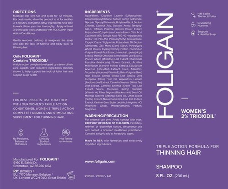 Foligain Triple Action Shampoo For Thinning Hair, Women’s Volumizing Shampoo with 2% Trioxidil, 8 Fl. Oz. (WRGroup)
