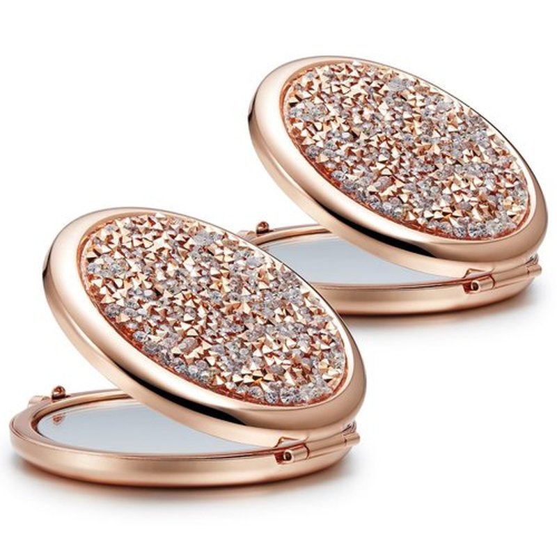 Getinbulk Compact Mirror for Purse, Set of 2 Double-Sided 1X/2X Magnifying Round Metal Pocket Makeup Mirrors(Rose Gold, Mix Diamond)