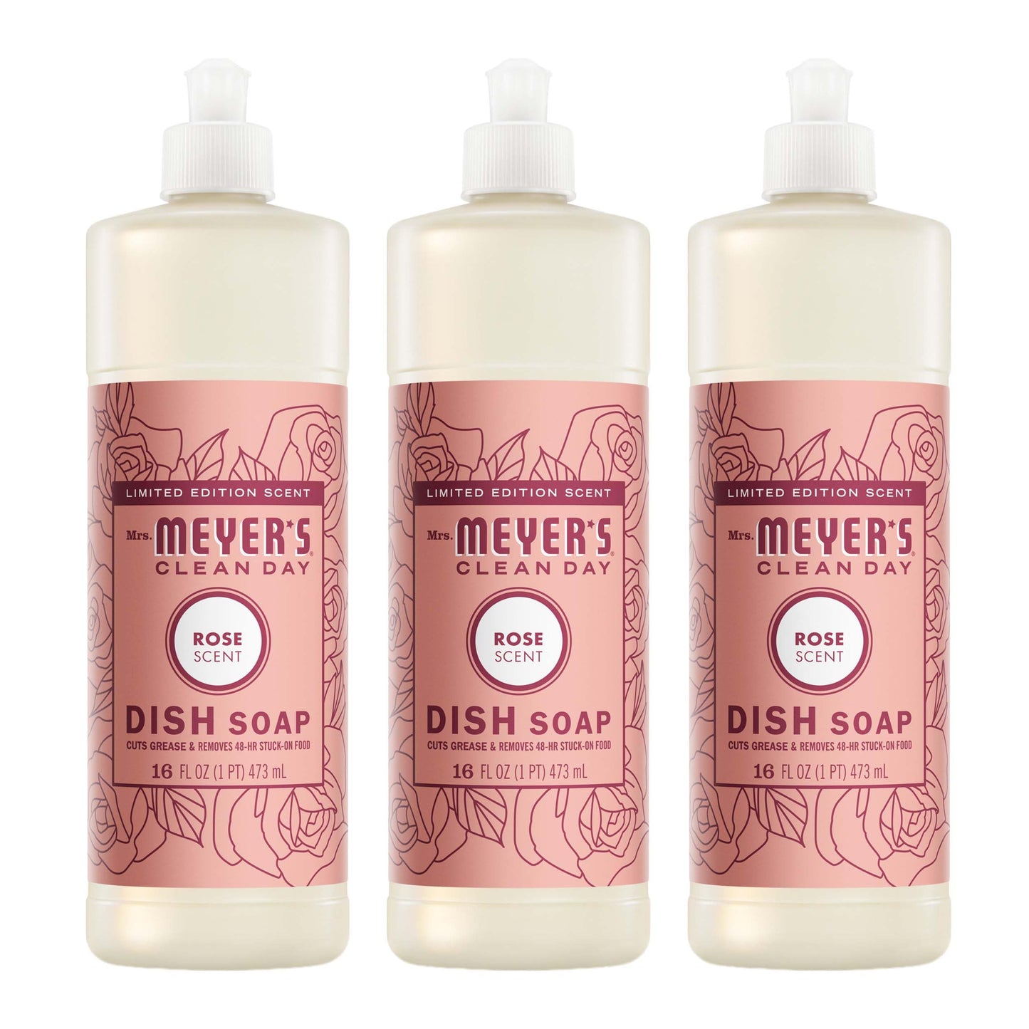 MRS. MEYER'S CLEAN DAY Liquid Dish Soap, Rose Scent, 16 Fl Oz Bottle - 3 Pack