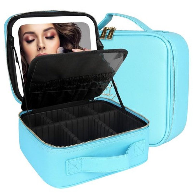 MOMIRA Makeup Bag with Mirror and Light Travel Makeup Train Case Cosmetic Bag Organizer Portable Artist Storage Bag with Adjustable Dividers Makeup Brushes Storage Organizer Diamond Blue