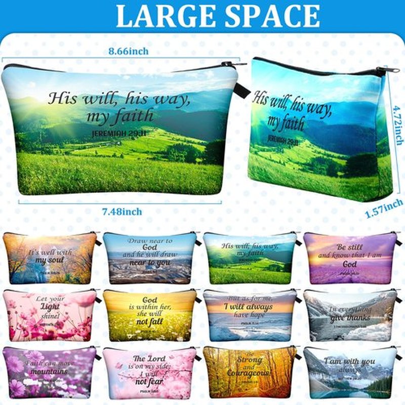 Chunful 12 Pcs Inspirational Christian Bags Bulk for Women Bible Verse Cosmetic Bag Pencil Pouch Gift Zippered Flower Organizer for Student Office Journaling Supplies, 7.48 x 4.72 Inch(Landscape)