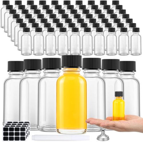 Hsei 72 Pcs 1 oz Glass Bottle with Black Cap Clear Sample Boston Round Bottle Small Glass Containers with Lids 1 Ounce Bottles with Funnel Chalk Labels Pen for Vanilla Extract Essential Oils