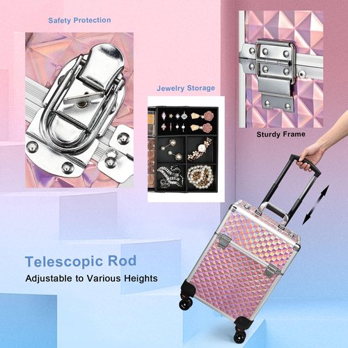Stagiant Rolling Makeup Train Case Large Cosmetic Suitcase Trolley Makeup Luggage Storage Box 4 Tray with Sliding Rail Removable Middle Layer Swivel Wheels Salon Barber Case Traveling Cart Trunk
