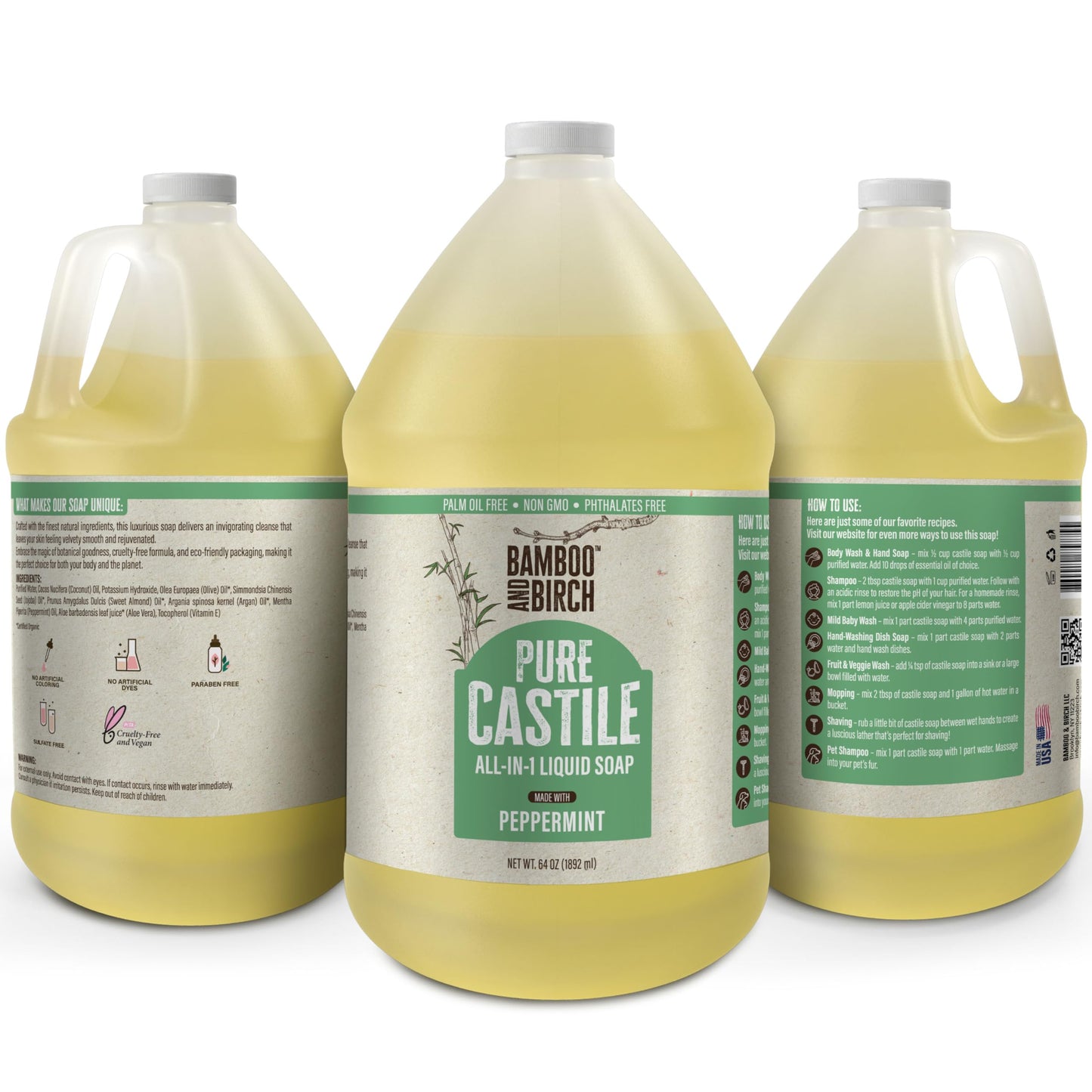 BAMBOO AND BIRCH Pure Castile Soap Liquid, Peppermint, 64 oz