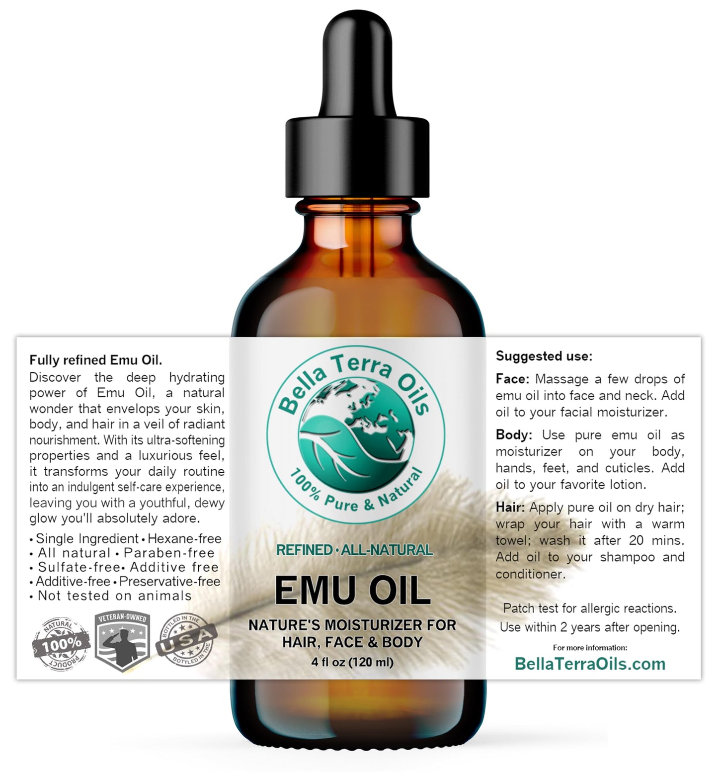 Bella Terra Oils - Emu Oil 8 oz - Australian Legacy, Famed for Omega-3, Omega-6 & Omega-9, The Natural Secret to Radiant Skin