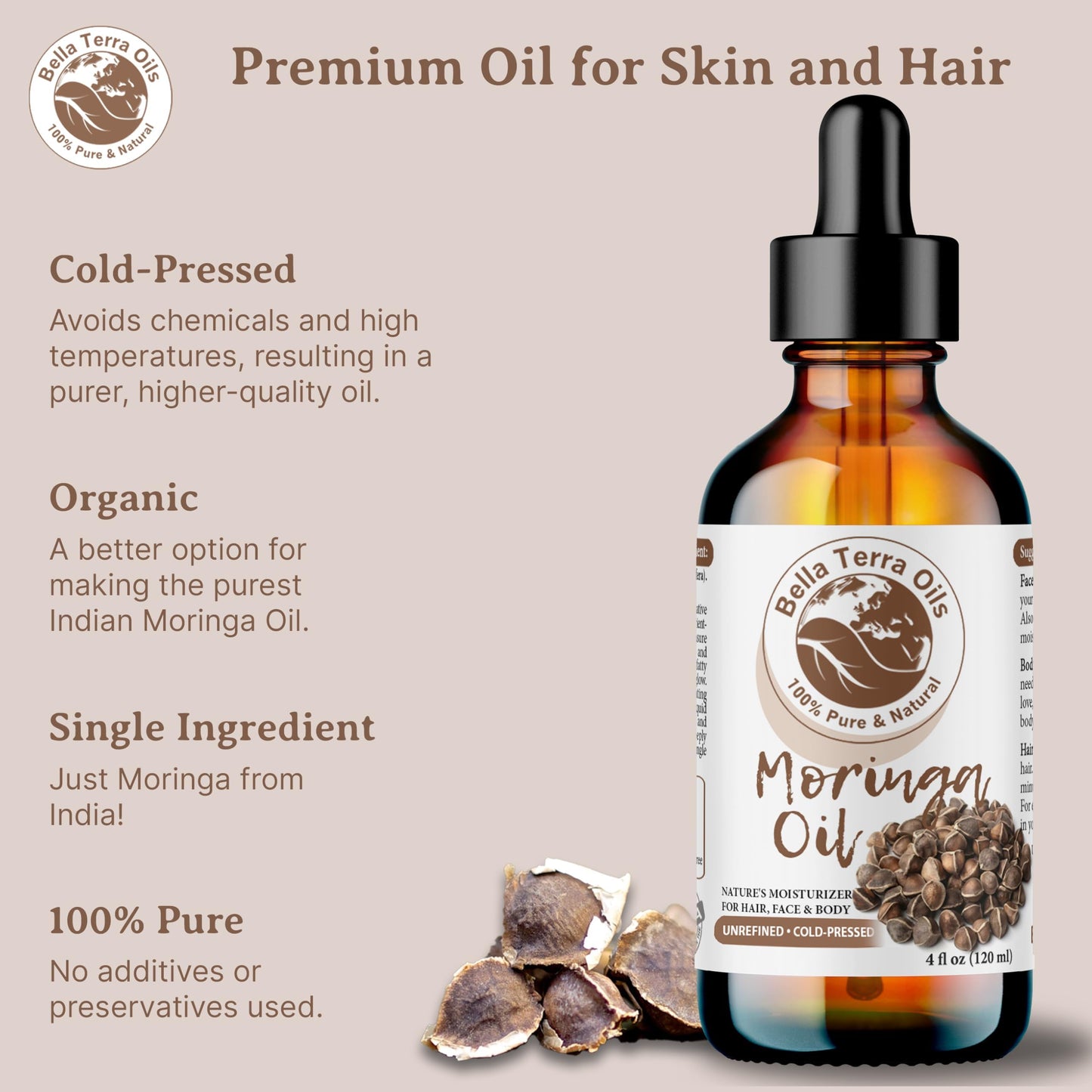 Bella Terra Oils - Natural Moringa Seed Oil 2oz - A Blend of Nature's Best, High in Oleic Acid & Vitamin E, For a Touch of Luxurious Smoothness