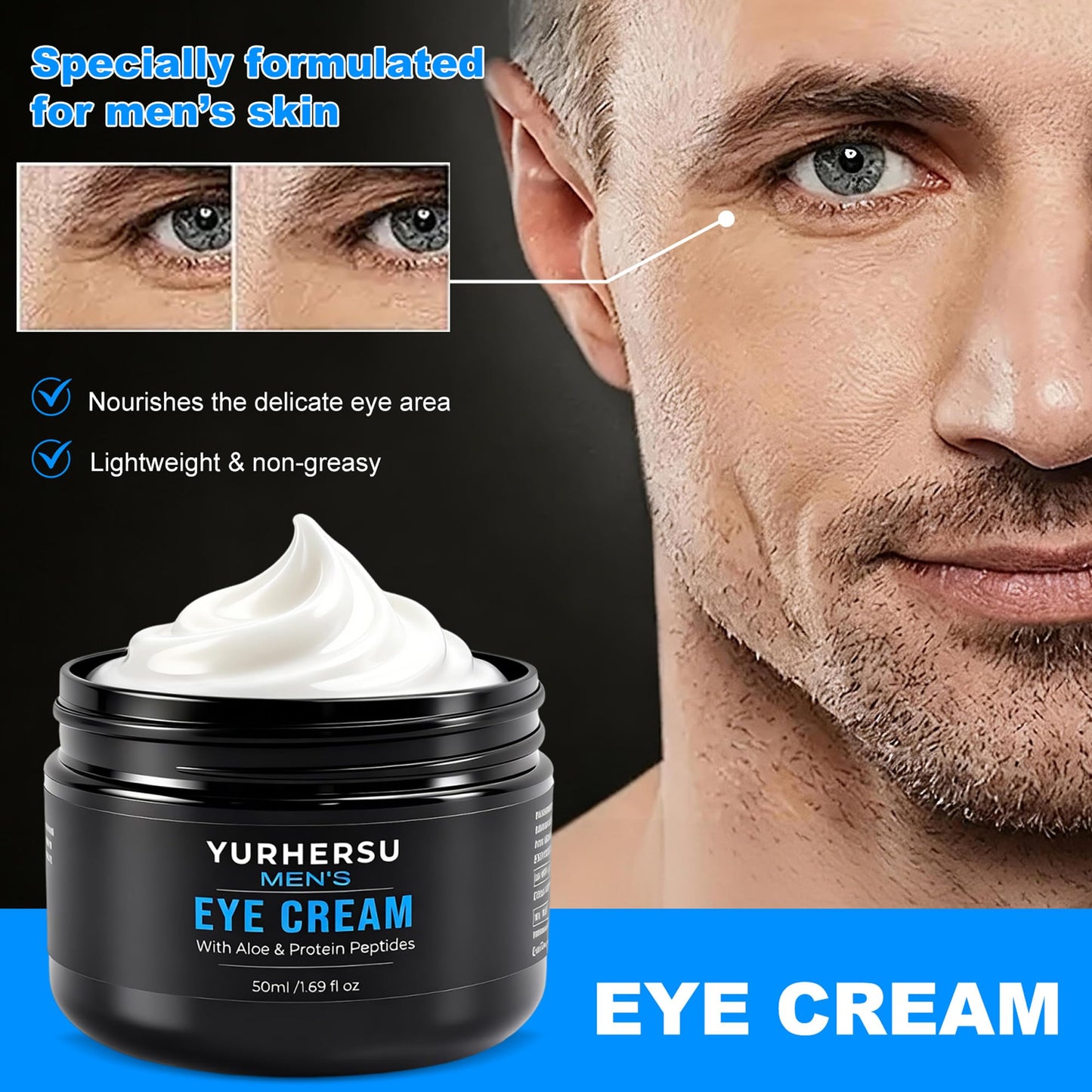 YURHERSU Moisturizing Men's Eye Repair Cream with Aloe & Protein Peptides, Hydrating Under Eye Cream to Reduce Puffiness, Dark Circles, Crows Feet and Bags, Daily Skin Care Treatment Cream, 1.69 oz