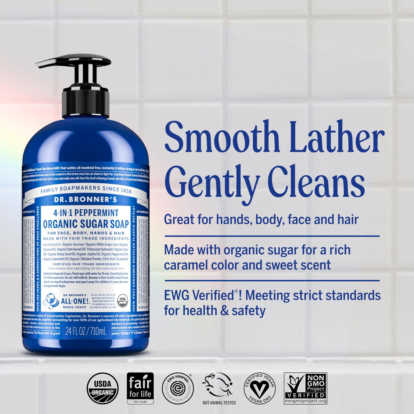 Dr. Bronner's - Organic Sugar Soap (Peppermint, 12 oz) - Made with Organic Oils, Sugar & Shikakai Powder, 4-in-1 Uses: Hands, Body, Face & Hair, Cleanses, Moisturizes & Nourishes, Vegan, Non-GMO