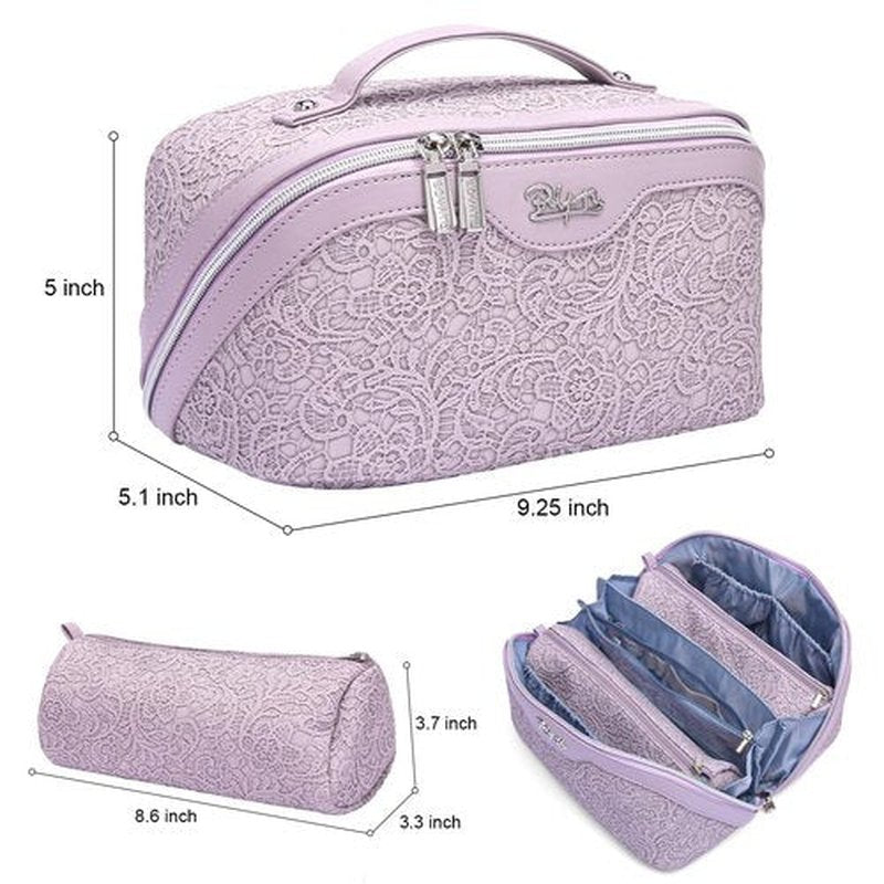Travel Makeup Bags Cosmetic Organizer Bag: 3-Set Large Capacity Make up Bag - PU Leather Toiletry Bag for Women - Wide Open Portable Pouch with Divider & Handle (02-Z-Violet)