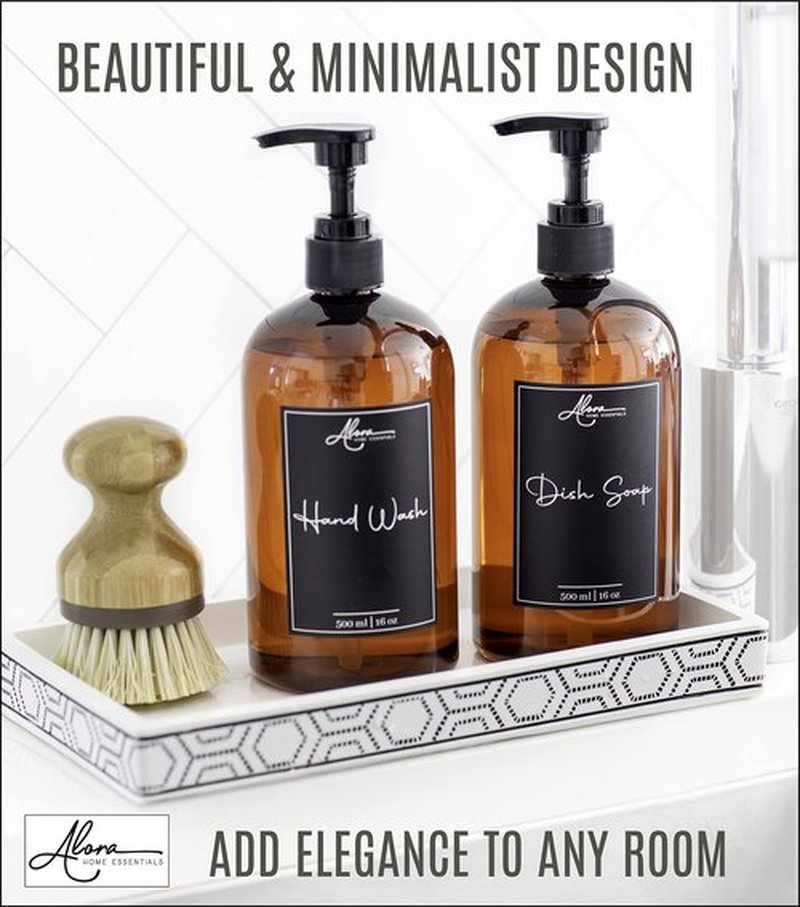 Alora 5-in-1 Apothecary Bottles for Home & Commercial Use - 16oz Elegant 8.5x3in Refillable Amber Shampoo Storage, Handwash, Massage Oils - Includes 24 Waterproof Labels, Bonus 2CC Pump & Funnel