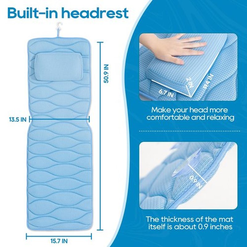 Full Body Bath Pillow, Bath Pillows for tub with Mesh Washing Bag & 21 Non-Slip Suction Cups, Spa Bathtub Pillow for Head Neck Shoulder and Back Support - 5D Air Mesh & Quick Drying | Blue