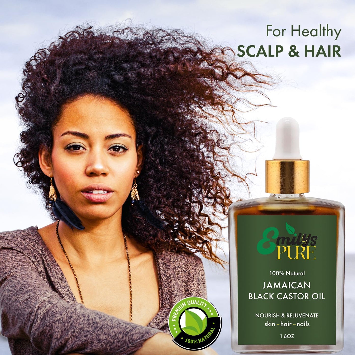 Emily's Pure Jamaican Black Castor Oil 1.6oz – 100% Pure, Authentic Fire Roasted Oil for Hair Growth Support, Scalp & Beard Care, Eyelashes & Eyebrows, Hexane Free