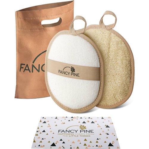 Fancy Pine Egyptian Loofah Sponge (Pack of 2) - 100% Natural Organic Loofah Exfoliating Body Scrubber - Textured Shower Loofah for Men, Women, Kids - Hard to Soft Bath Sponge for Cellulite, Dry Skin