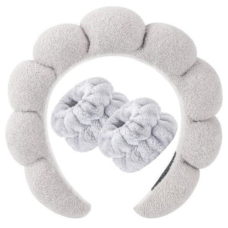 Zkptops Spa Headband for Washing Face Wristband Set Sponge Makeup Skincare Terry Cloth Headband Bubble Soft Get Ready Hairband for Women Girl Puffy Padded Headwear Non Slip Hair Accessory(Light Grey2)