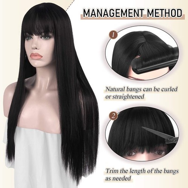 SOFEIYAN 26 inches Long Straight Wig with Bangs off Black Synthetic Hair Replacement Wigs Heat Resistant Full Wig for Women Girls