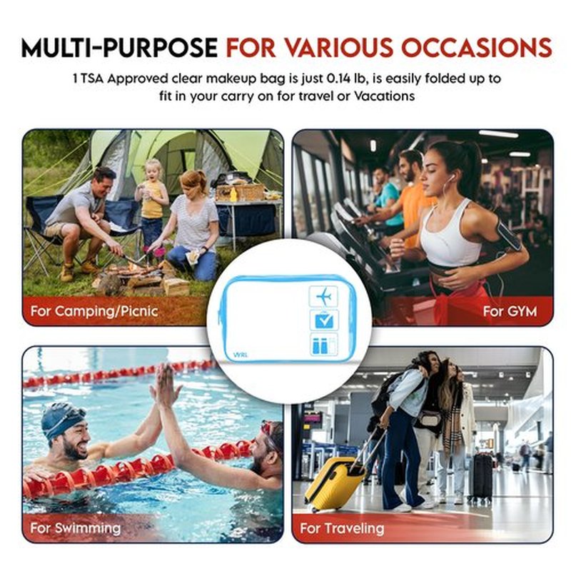 VYRL 2 Pack Clear Makeup Bag - Quart Size 3-1-1 TSA Approved Toiletry Bag with Zipper - Water-Resistant Durable PVC Clear Toiletry Bag for Carry-on Airport Travel Accessories - Blue