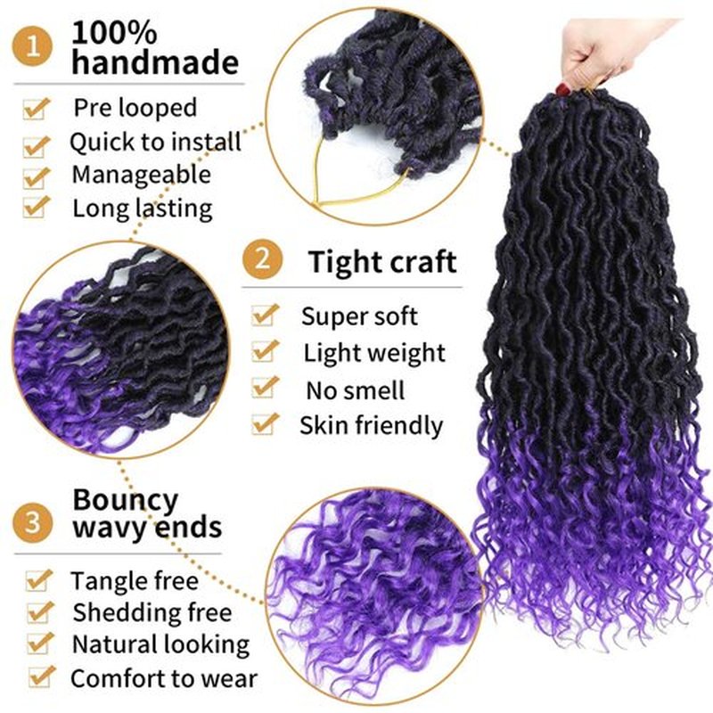 Goddess Locs Crochet Hair 18 Inch 6 Packs Ombre Purple Faux Locs with Curly ends Pre Looped Goddess Faux Locs Crochet Hair for Black Women (18 Inch,6 Packs,1B/Purple)